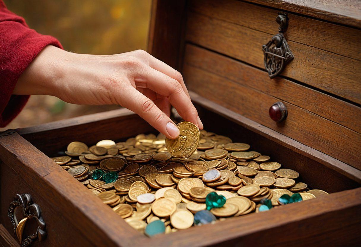 Illustrate a journey from neglected treasures to acts of kindness, showcasing a hand uncovering a dusty, old chest filled with gold coins and heart-shaped gemstones. Surround it with vibrant community scenes of diverse people receiving aid and sharing smiles, symbolizing generosity and philanthropy. Use a warm color palette to evoke feelings of hope and positivity. super-realistic. vibrant colors. dynamic composition.