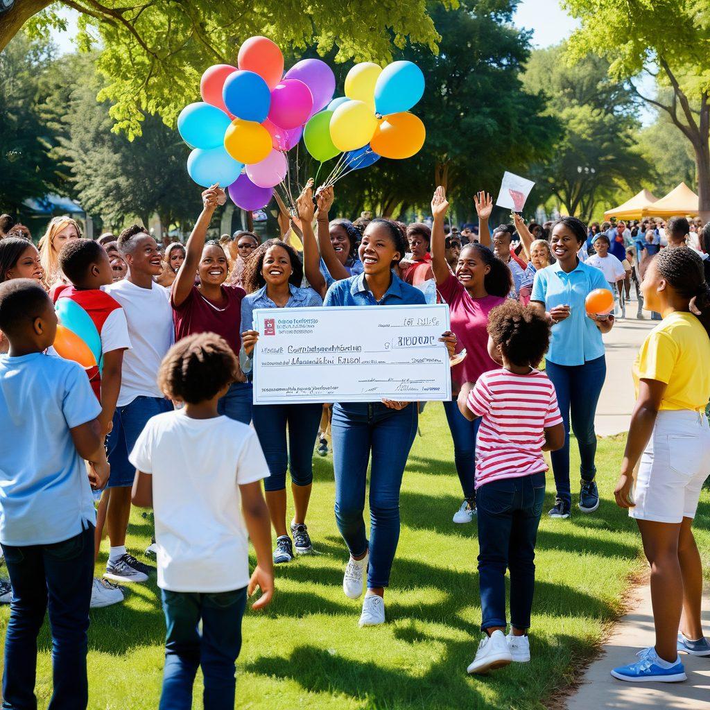 A heartwarming scene of diverse individuals happily gathering in a sunlit park, holding up large checks symbolizing unclaimed funds donated to various charitable causes. In the background, a community food drive with people distributing food, and children playing with colorful balloons, representing love and support. The atmosphere is filled with warmth and camaraderie. vibrant colors. super-realistic.