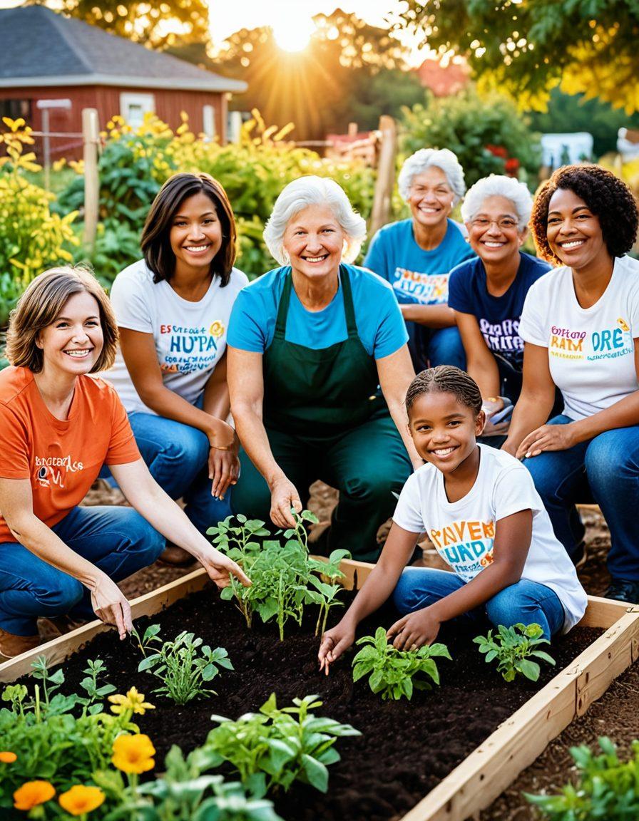 A diverse group of people of all ages and backgrounds working together in a community garden, planting seeds and sharing smiles, symbolizing unity and support. In the background, banners showcasing charitable contributions and changes in lives, with a vibrant sunset providing a warm glow. Emphasize a sense of hope and cooperation. vibrant colors. super-realistic. soft focus.